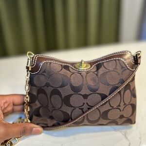 Coach Brown Signature Canvas wristlet/mini bag with Gold Hardware